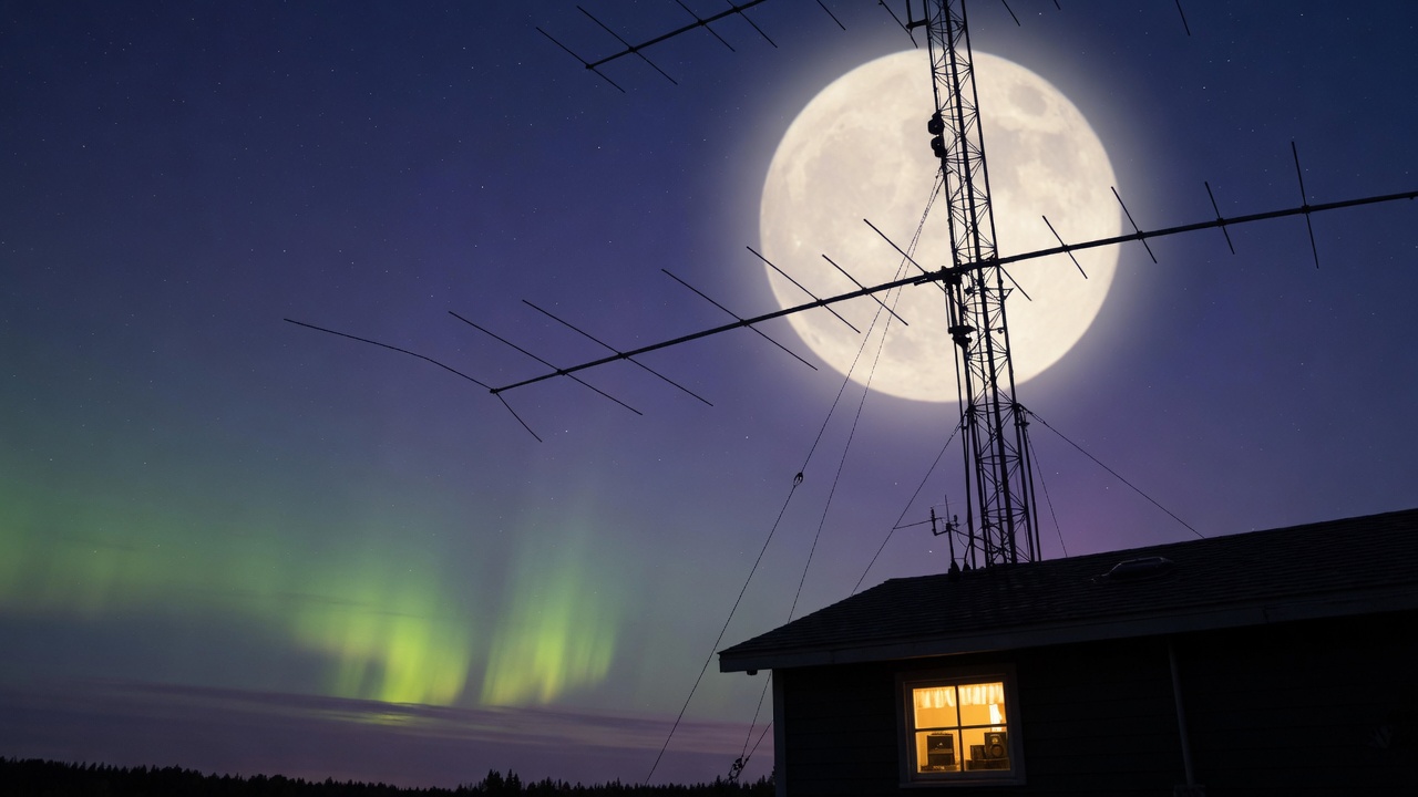 HF antenna tower silhouetted against a full moon