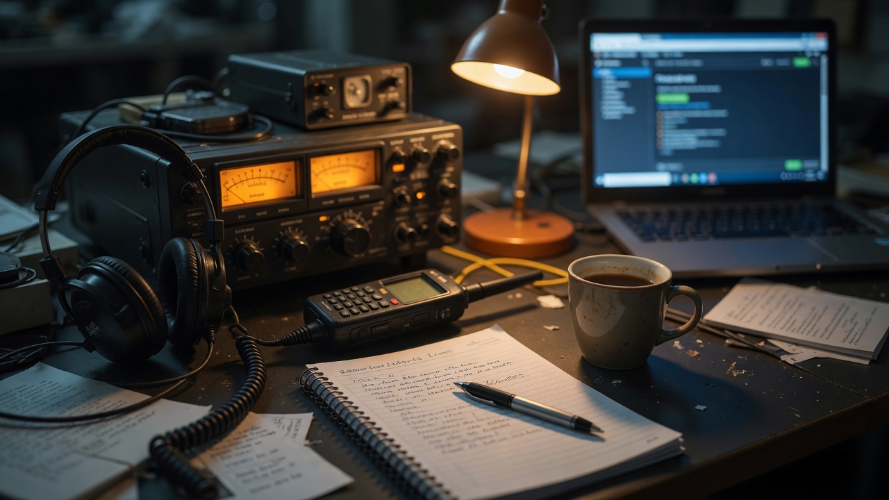 Night radio communications desk with headset, transceiver, handheld radio, and paper log