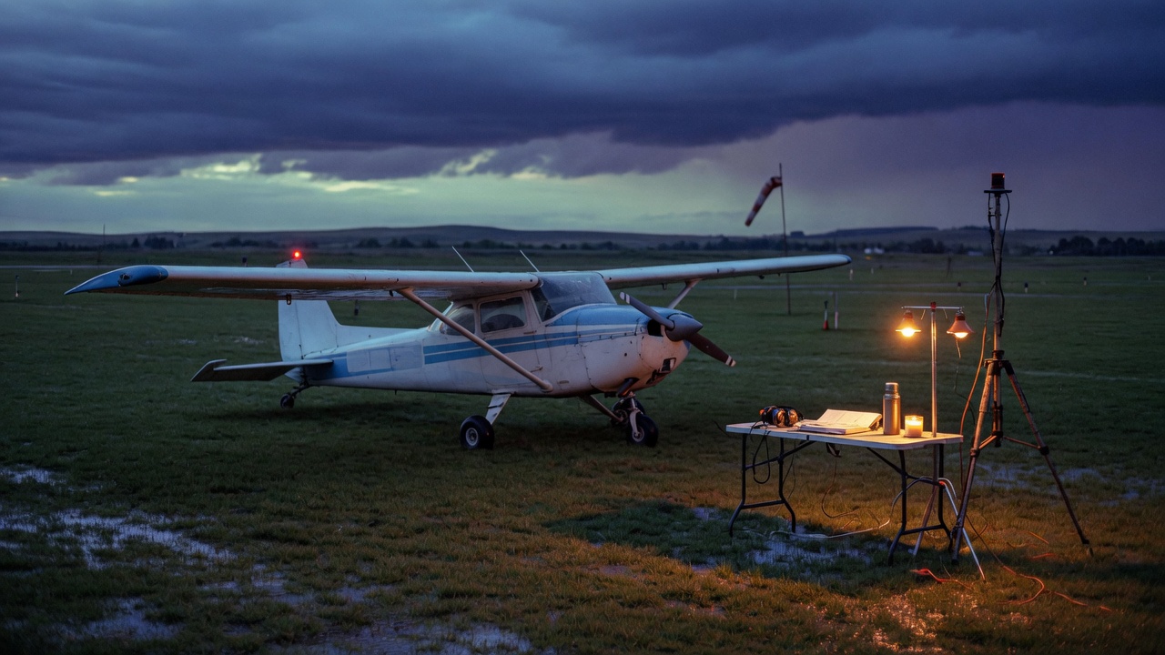 High-wing light aircraft on a grass airfield at dusk beside a lit operations table