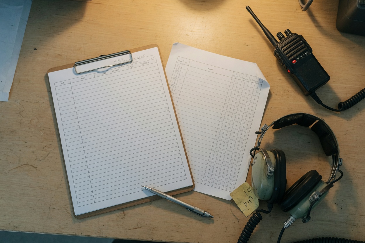 Clipboard communications log, activity sheet, handheld radio, and aviation headset on a mission table